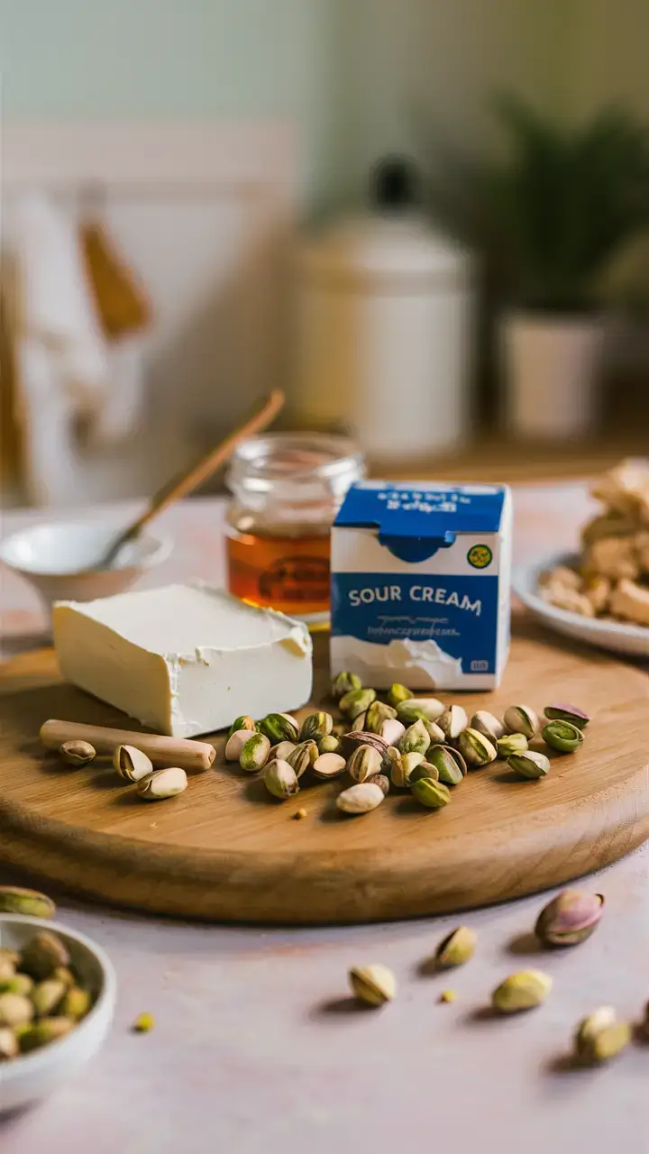 a-close-up-view-of-a-wooden-cutting-board-with-scattered-pistachio-nuts