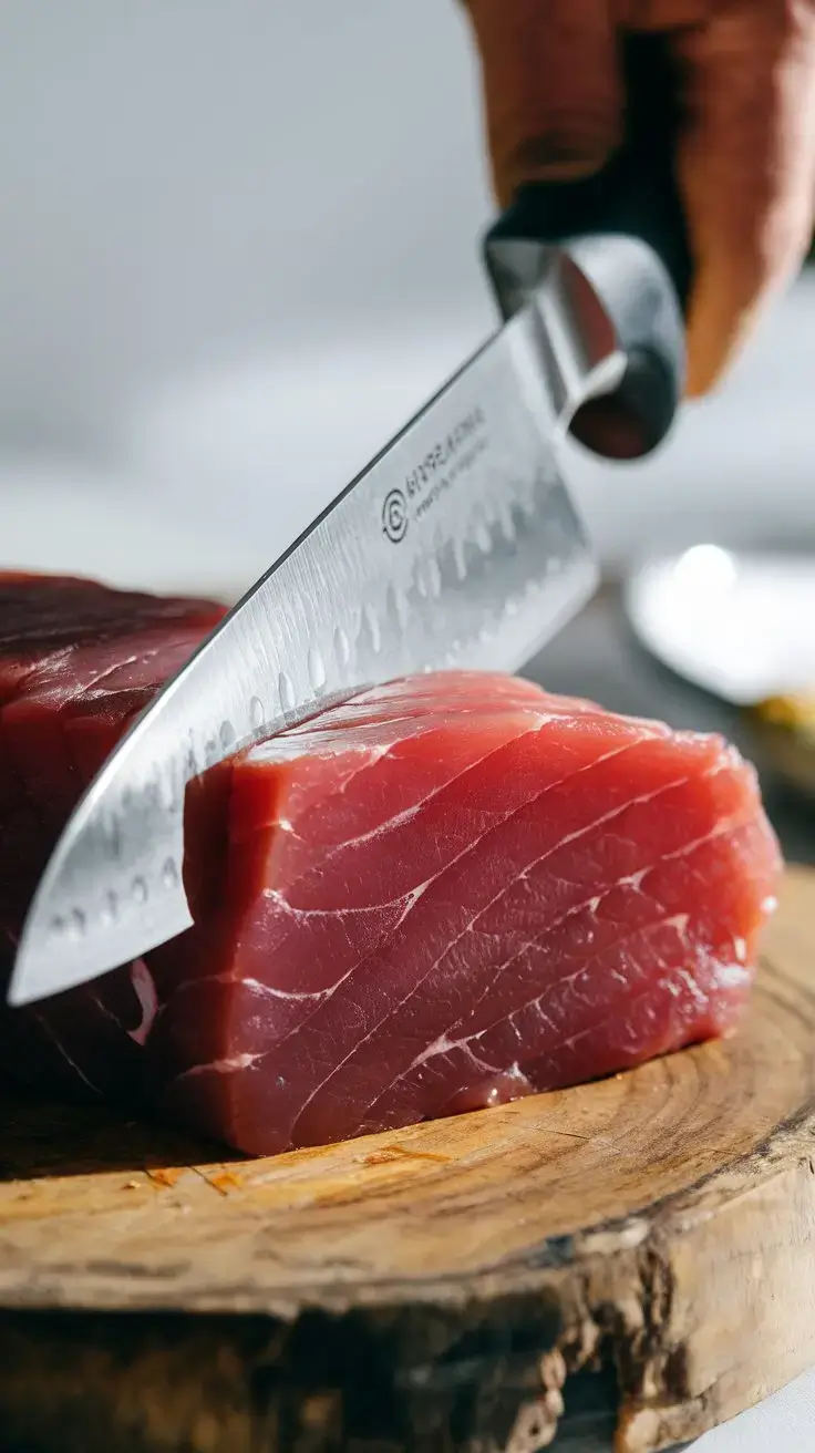 A-sharp-knife-slicing-through-a-piece-of-tuna